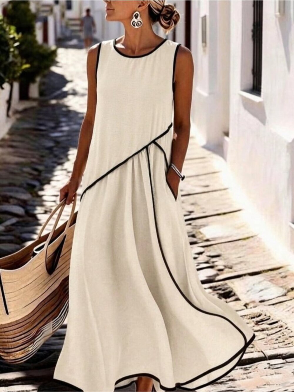 Cream A-Line Summer Sundress with Deep Side Pockets